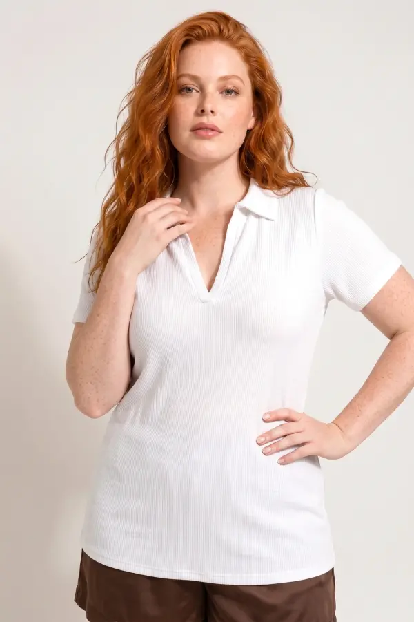 Büyük Beden V Yaka Kısa Kollu Polo T-Shirt - 1