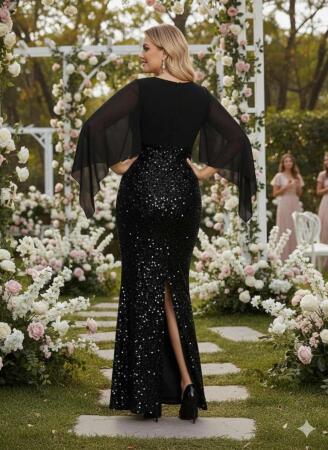 Büyük Beden V Yaka Siyah Pelerin Kollu Uzun Abiye Elbise – Işıltılı Şık Davet Elbisesi (40-62 Beden) ND4034 - 3