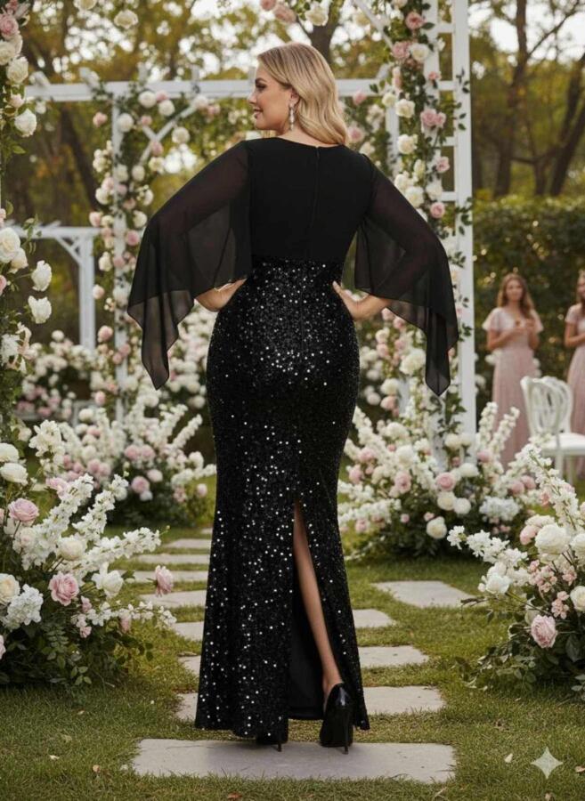 Büyük Beden V Yaka Siyah Pelerin Kollu Uzun Abiye Elbise – Işıltılı Şık Davet Elbisesi (40-62 Beden) ND4034 - 3