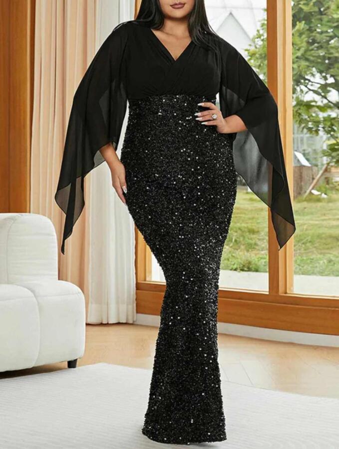 Büyük Beden V Yaka Siyah Pelerin Kollu Uzun Abiye Elbise – Işıltılı Şık Davet Elbisesi (40-62 Beden) ND4034 - 2