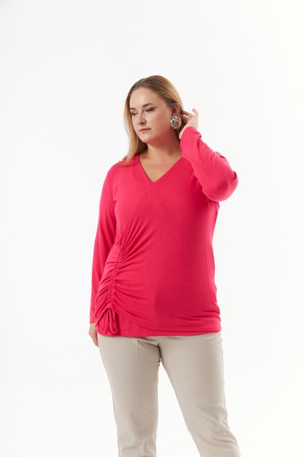 Büyük Beden V Yaka Triko Bluz Fuşya - 3