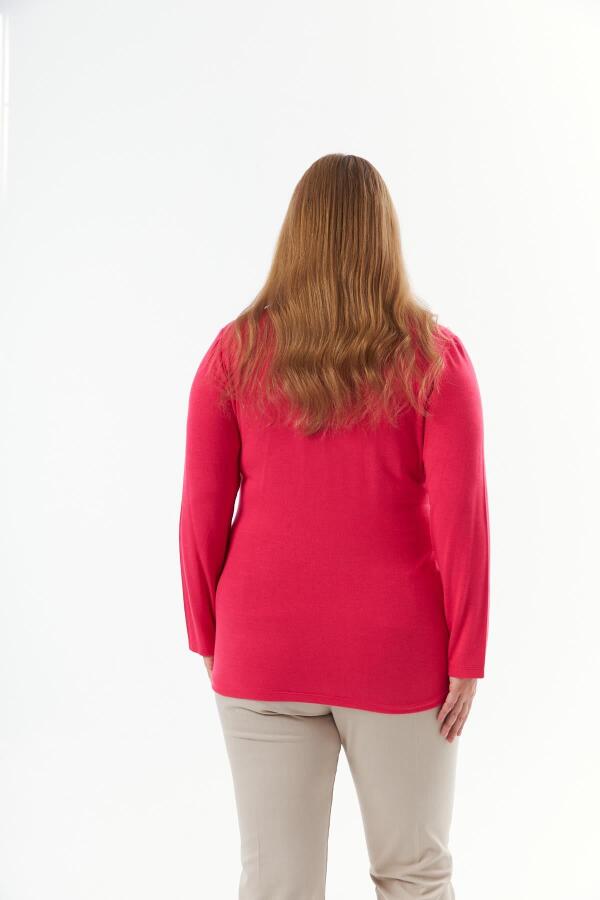 Büyük Beden V Yaka Triko Bluz Fuşya - 7