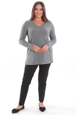 Trend42plus Büyük Beden V Yaka Yırtmaçlı Basic Antrasit Bluz - Angelino Moda (1)