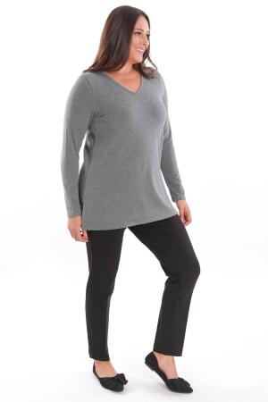 Trend42plus Büyük Beden V Yaka Yırtmaçlı Basic Antrasit Bluz - 4