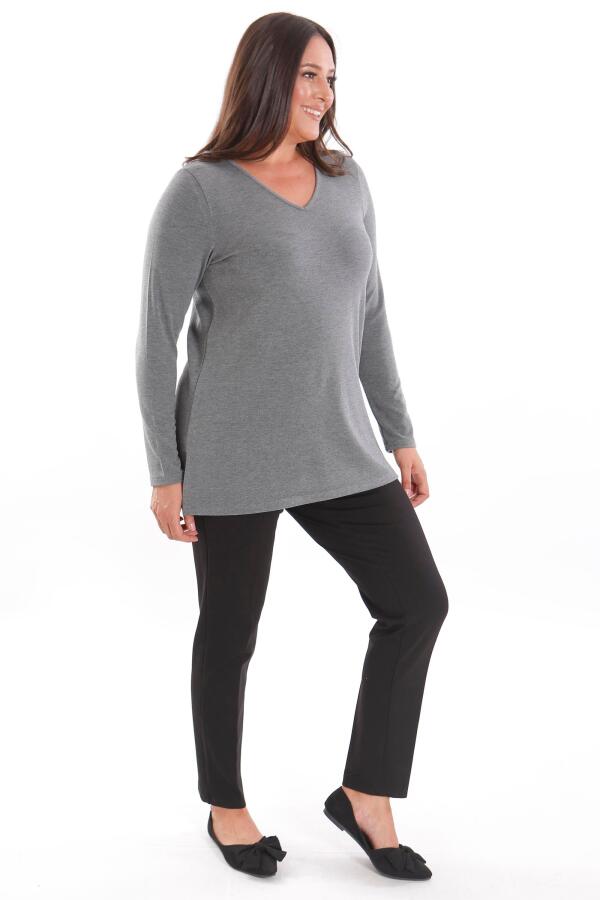 Trend42plus Büyük Beden V Yaka Yırtmaçlı Basic Antrasit Bluz - 4