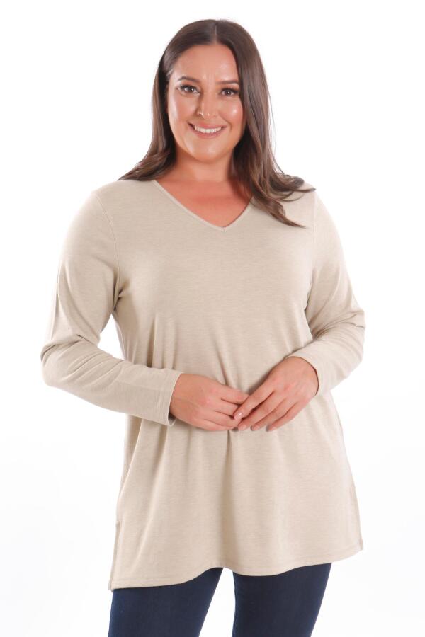 Trend42plus Büyük Beden V Yaka Yırtmaçlı Basic Bej Bluz - 3