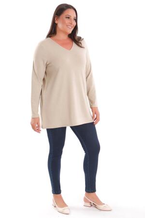 Trend42plus Büyük Beden V Yaka Yırtmaçlı Basic Bej Bluz - 4