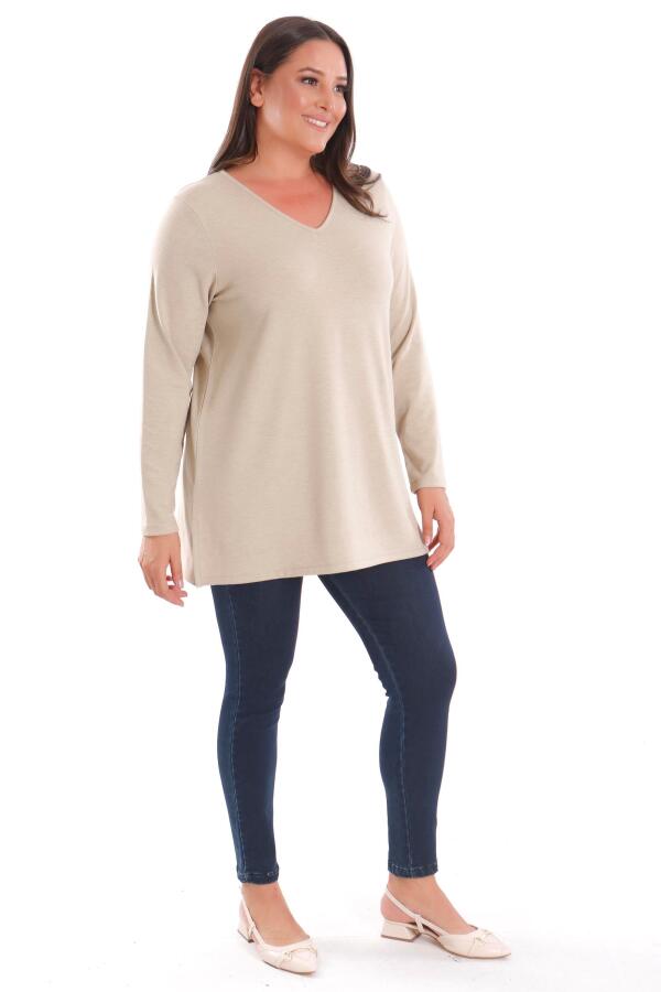 Trend42plus Büyük Beden V Yaka Yırtmaçlı Basic Bej Bluz - 4