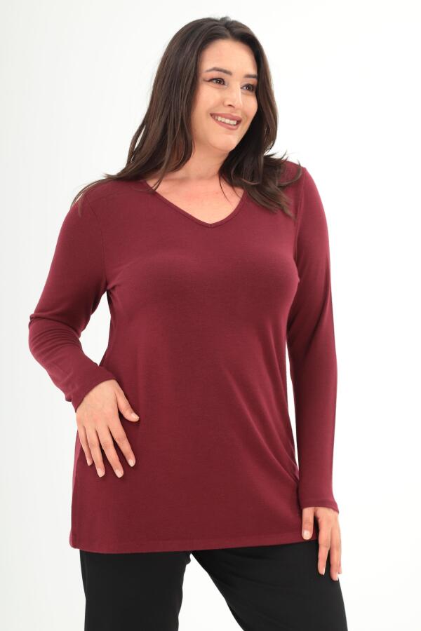 Angelino Büyük Beden V Yaka Yırtmaçlı Basic Bordo Bluz - 3