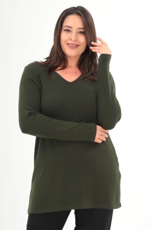Trend42plus Büyük Beden V Yaka Yırtmaçlı Basic Haki Bluz - 1