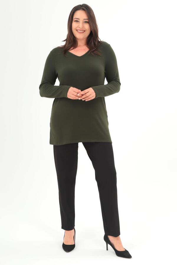 Trend42plus Büyük Beden V Yaka Yırtmaçlı Basic Haki Bluz - 2