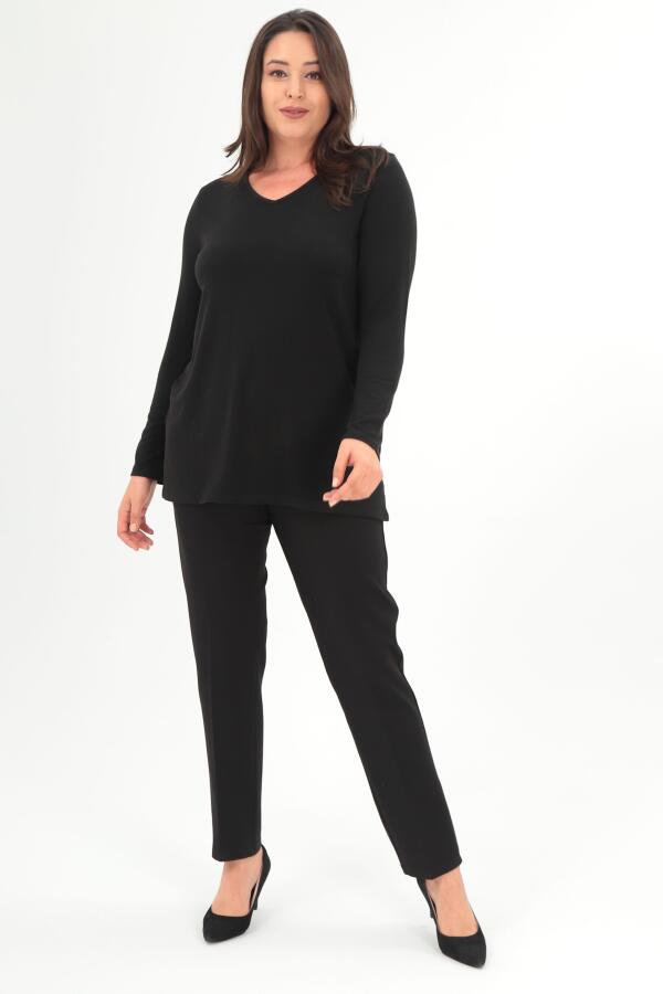 Trend42plus Büyük Beden V Yaka Yırtmaçlı Basic Siyah Bluz - 3