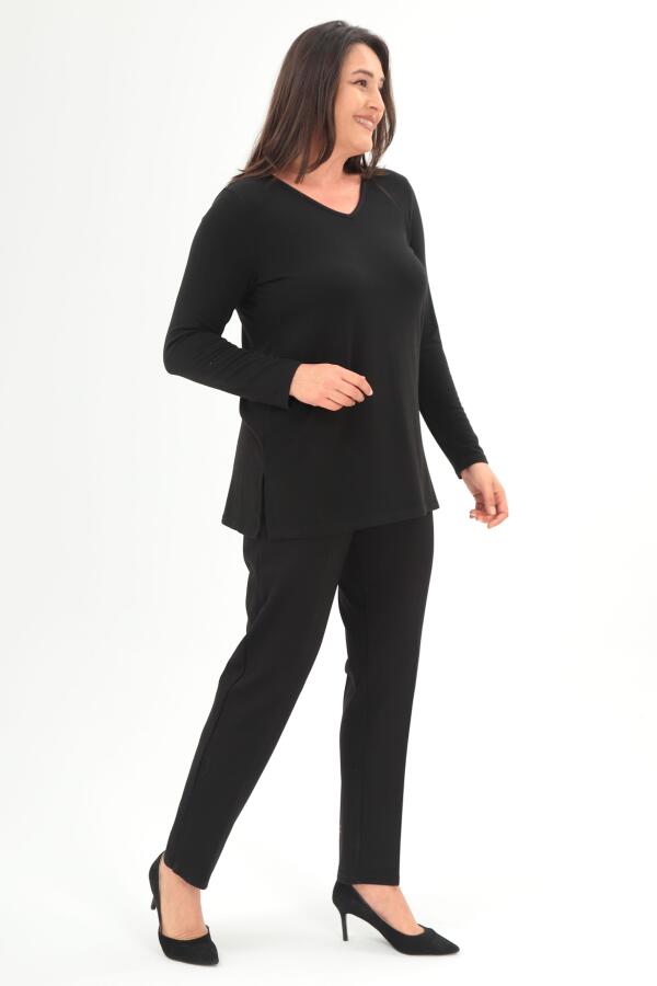Trend42plus Büyük Beden V Yaka Yırtmaçlı Basic Siyah Bluz - 4