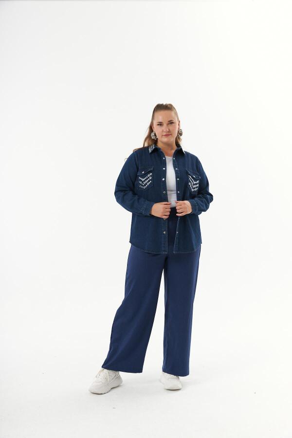 Büyük Beden Yaka ve Cep Aksesuarlı Denim Gömlek Mavi - 6