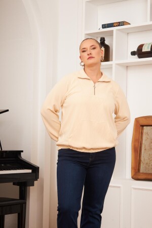 Büyük Beden Yakası Fermuarlı Sweatshirt Ekru - 3