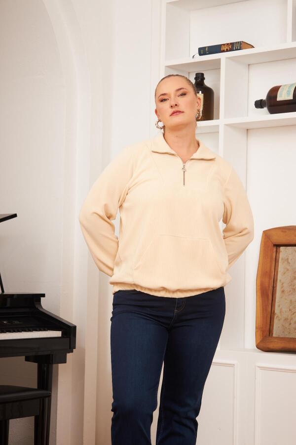 Büyük Beden Yakası Fermuarlı Sweatshirt Ekru - 3