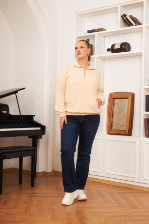 Büyük Beden Yakası Fermuarlı Sweatshirt Ekru - 5