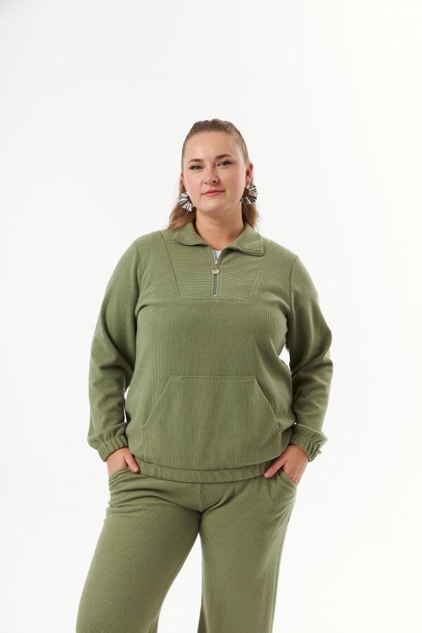 Büyük Beden Yakası Fermuarlı Sweatshirt Haki - 1