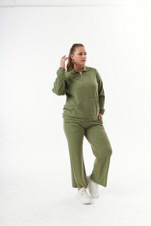 Büyük Beden Yakası Fermuarlı Sweatshirt Haki - 2
