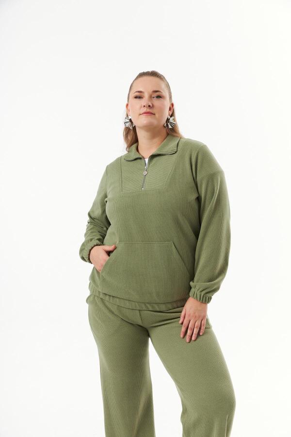 Büyük Beden Yakası Fermuarlı Sweatshirt Haki - 3