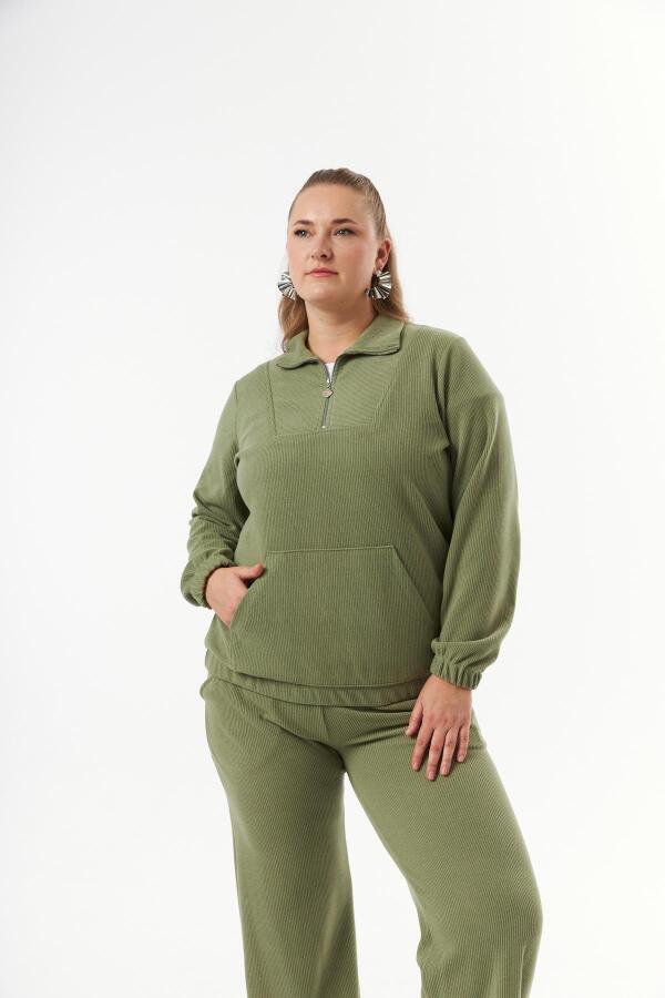 Büyük Beden Yakası Fermuarlı Sweatshirt Haki - 4