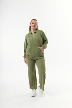 Büyük Beden Yakası Fermuarlı Sweatshirt Haki - 6