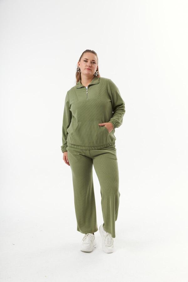 Büyük Beden Yakası Fermuarlı Sweatshirt Haki - 6