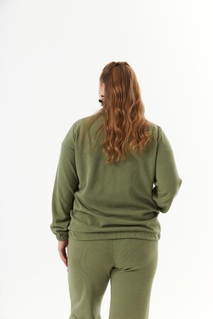 Büyük Beden Yakası Fermuarlı Sweatshirt Haki - 7