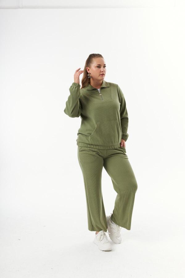 Büyük Beden Yakası Fermuarlı Sweatshirt Haki - 2