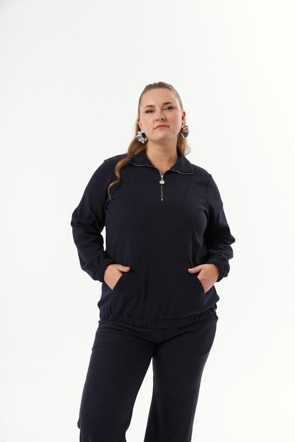Büyük Beden Yakası Fermuarlı Sweatshirt Lacivert - 1