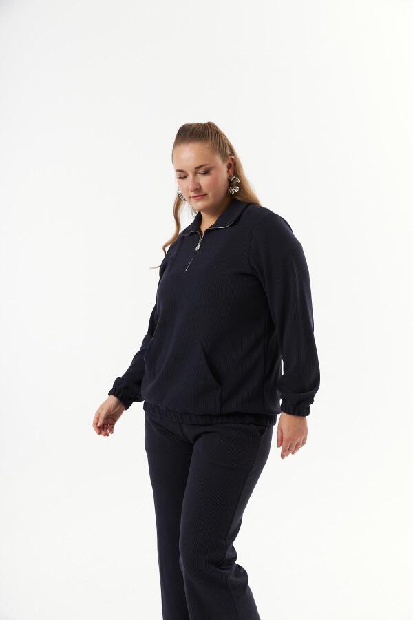 Büyük Beden Yakası Fermuarlı Sweatshirt Lacivert - 2