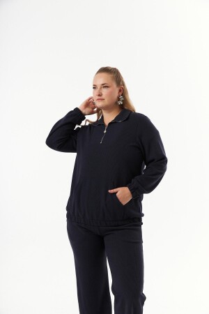 Büyük Beden Yakası Fermuarlı Sweatshirt Lacivert - 3