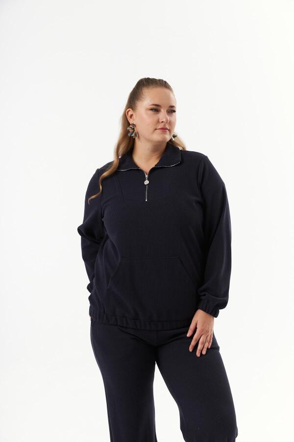Büyük Beden Yakası Fermuarlı Sweatshirt Lacivert - 4