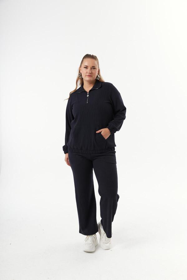 Büyük Beden Yakası Fermuarlı Sweatshirt Lacivert - 6