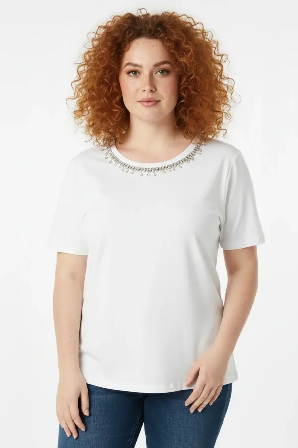 Büyük Beden Yakası Kristal Taş İşlemeli T-shirt - 1