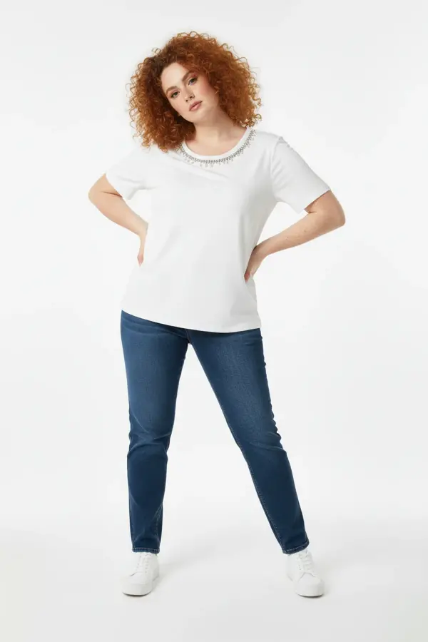 Büyük Beden Yakası Kristal Taş İşlemeli T-shirt - 2
