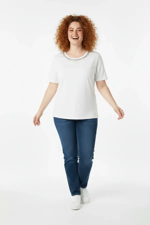 Büyük Beden Yakası Kristal Taş İşlemeli T-shirt - 4