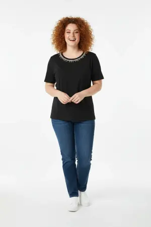 Büyük Beden Yakası Kristal Taş İşlemeli T-shirt - 1