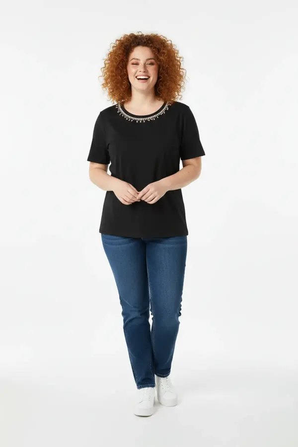 Büyük Beden Yakası Kristal Taş İşlemeli T-shirt - 1