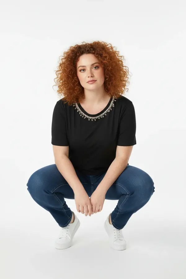 Büyük Beden Yakası Kristal Taş İşlemeli T-shirt - 3