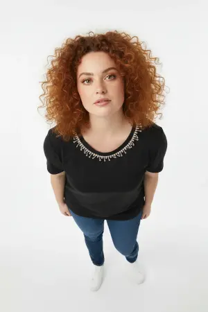 Büyük Beden Yakası Kristal Taş İşlemeli T-shirt - 4
