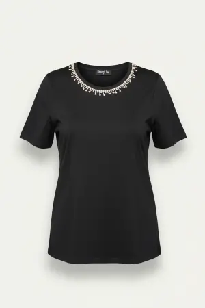 Büyük Beden Yakası Kristal Taş İşlemeli T-shirt - 6