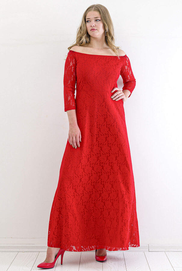 Büyük Beden Yakası Lastikli Komple Dantel Detay Abiye Mezuniyet Elbisesi KL8400u Kırmızı - 4