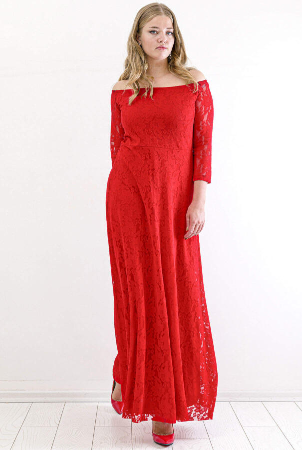 Büyük Beden Yakası Lastikli Komple Dantel Detay Abiye Mezuniyet Elbisesi KL8400u Kırmızı - 1