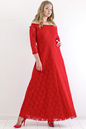Büyük Beden Yakası Lastikli Komple Dantel Detay Abiye Mezuniyet Elbisesi KL8400u Kırmızı - 2