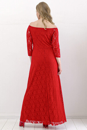 Büyük Beden Yakası Lastikli Komple Dantel Detay Abiye Mezuniyet Elbisesi KL8400u Kırmızı - 5