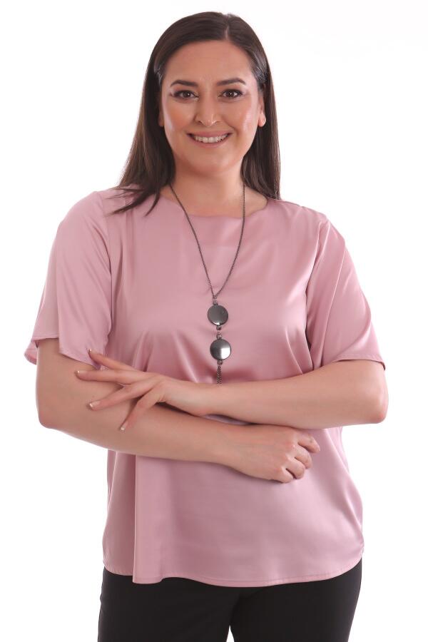 Büyük Beden Yarım Kollu Saten Pudra Bluz - 5