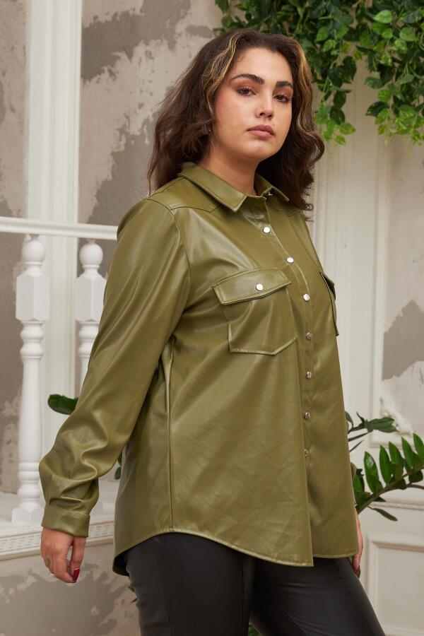 Büyük Beden Yeşil Deri Gömlek - 2