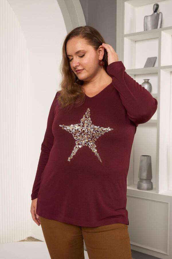 Büyük Beden Yıldız pul payet nakış detay bluz bordo - 3
