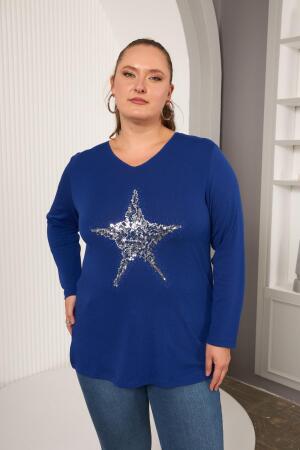 Büyük Beden Yıldız pul payet nakış detay bluz saks - RMG